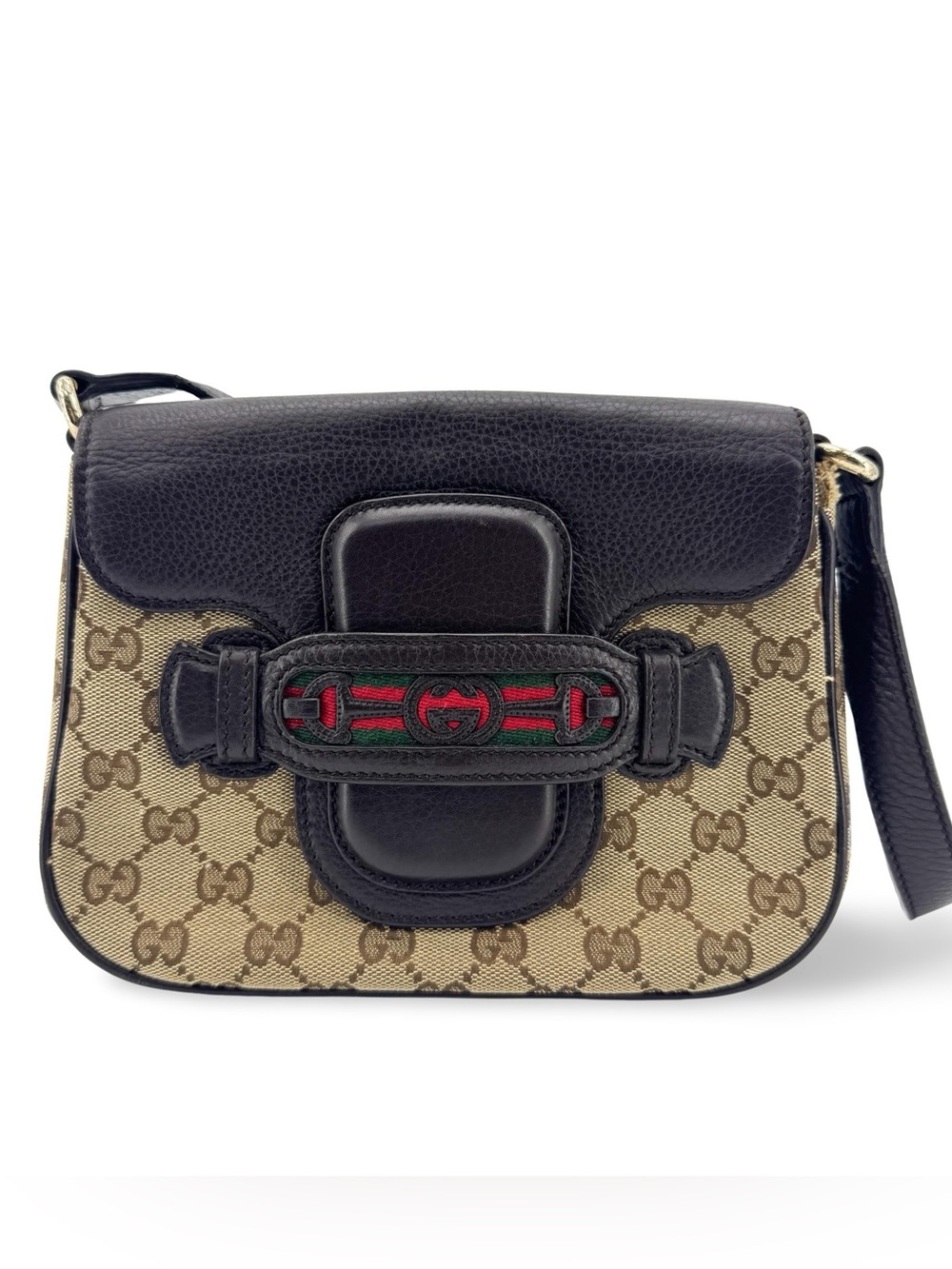 Gucci GG Canvas Dressage With Black Leather Flap Shoulder Bag